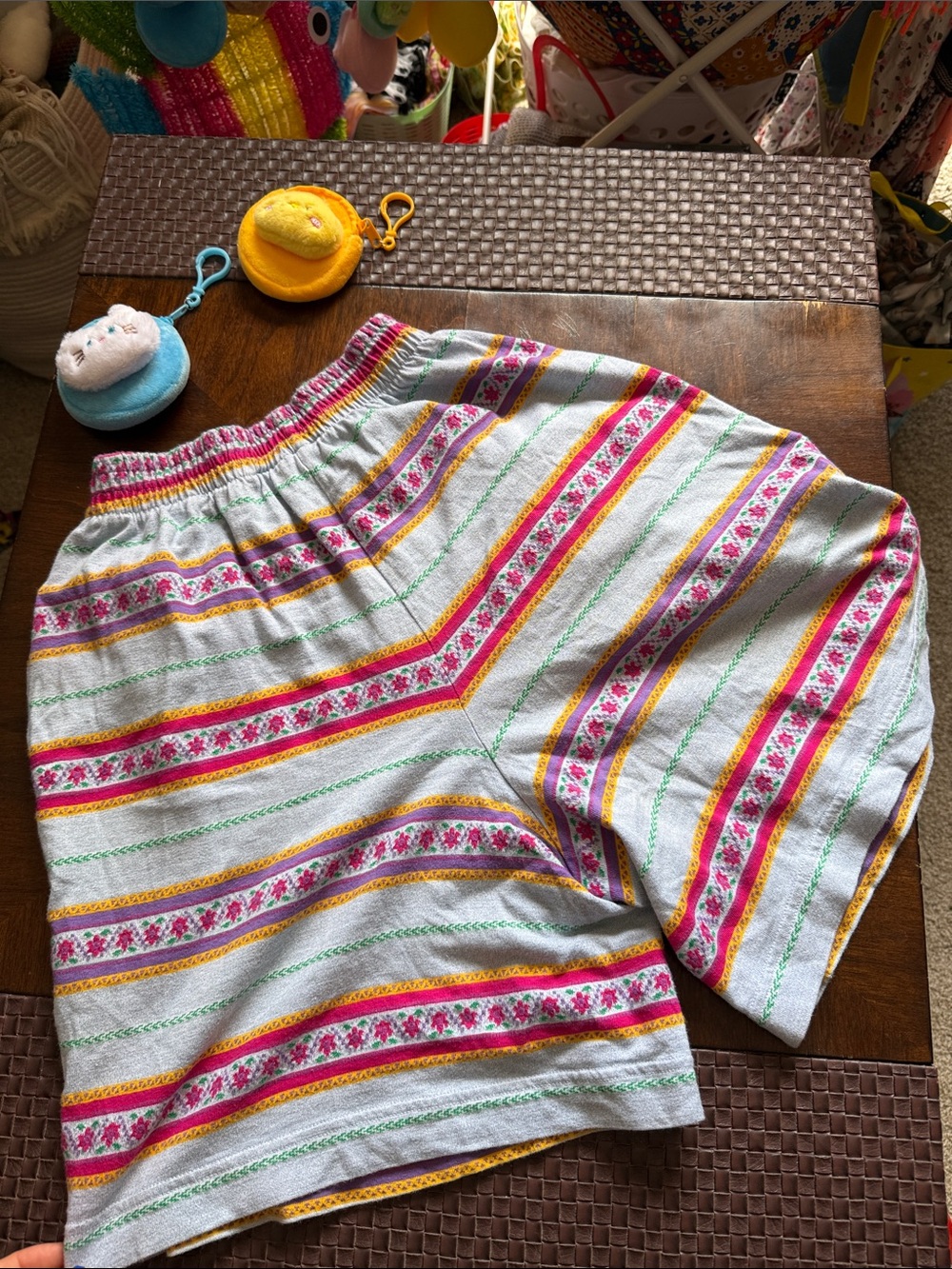 Vintage Cream Shorts with Pink, Yellow & Green Stripes